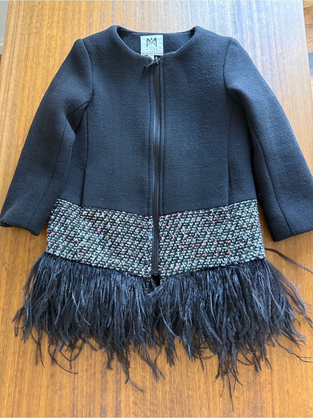 Designer Girls' Black Wool & Tweed Trim Jacket with Ostrich Feather Hem 4T